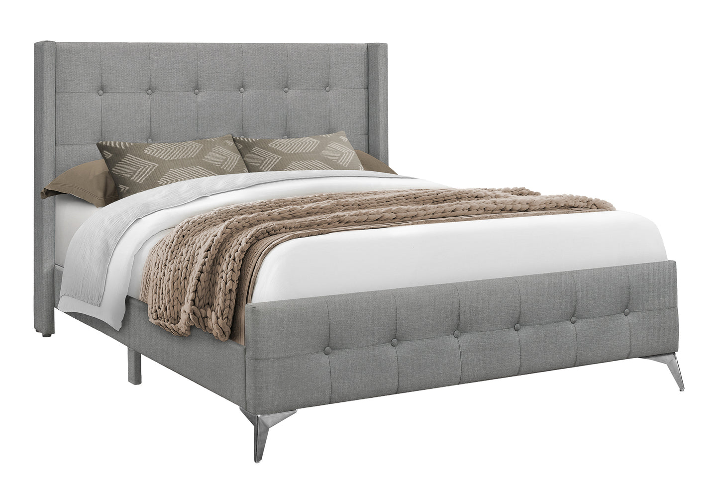 Camden Upholstered Queen Bed – Light Grey with Chrome Legs