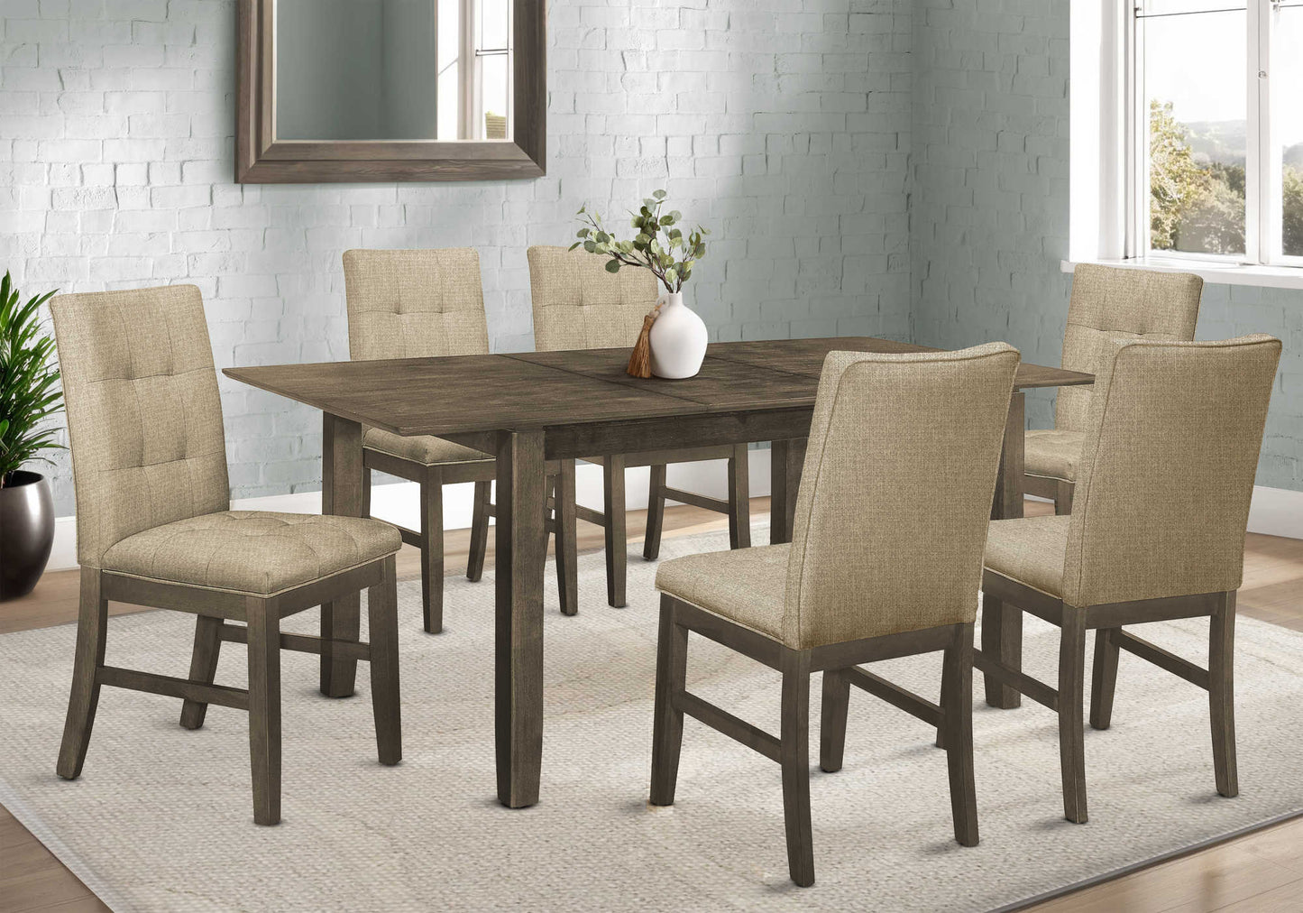 Rustic Taupe 7-Piece Extendable Dining Set with Upholstered Chairs