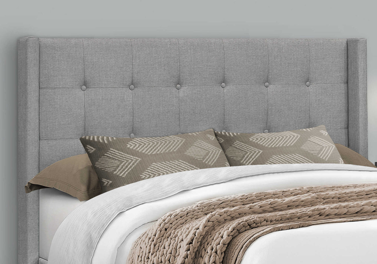 Camden Upholstered Queen Bed – Light Grey with Chrome Legs