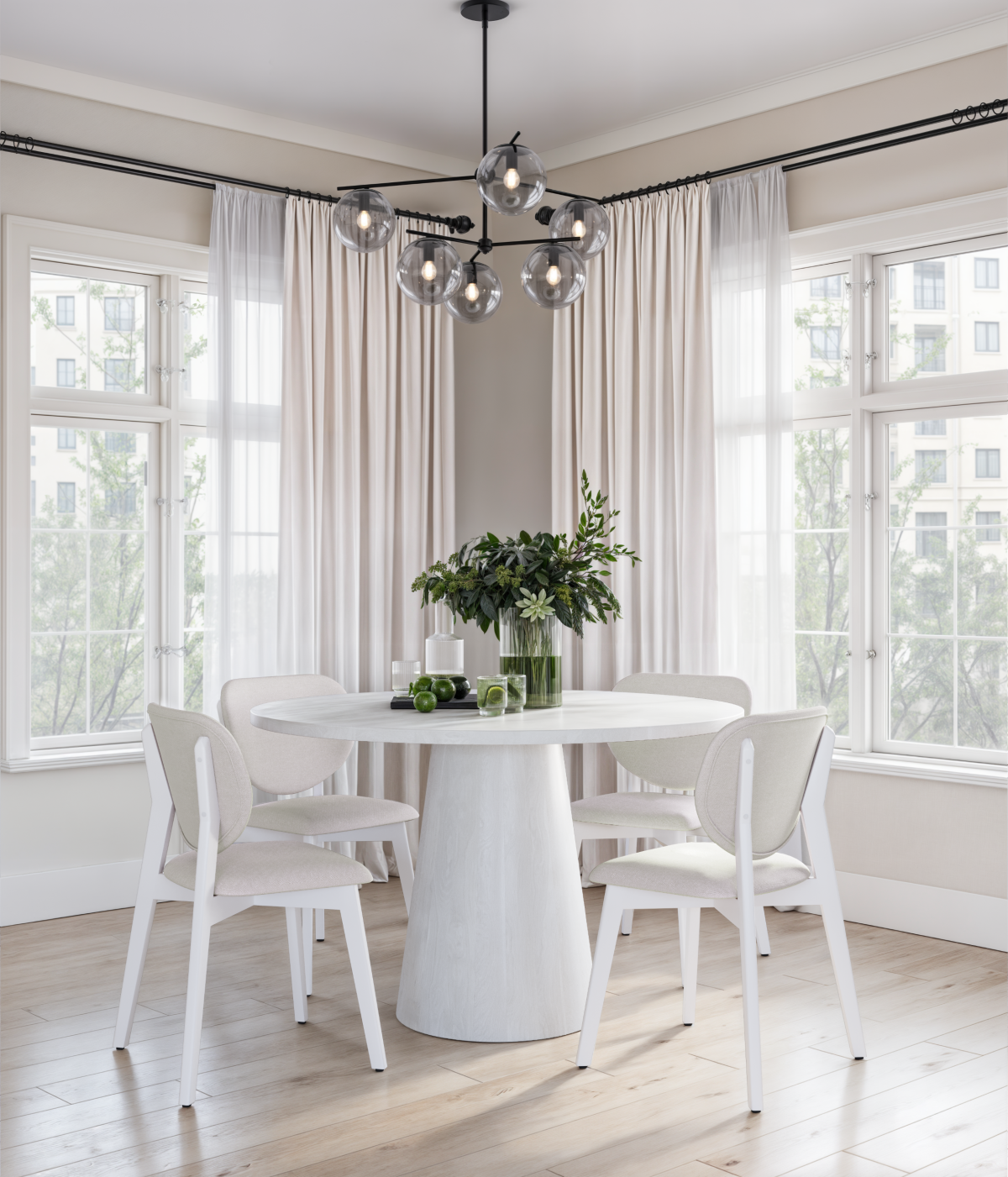 Luna 5-Piece Round Dining Set – Matte White Table with Upholstered Chairs