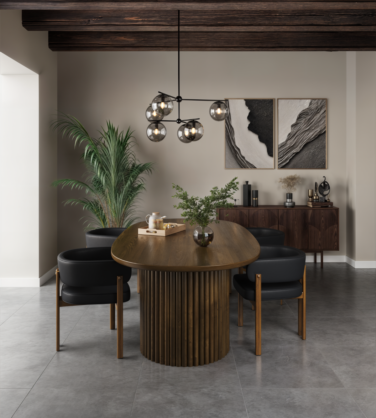 Vienna 5-Piece Dining Set – Walnut Table with Black Armchairs