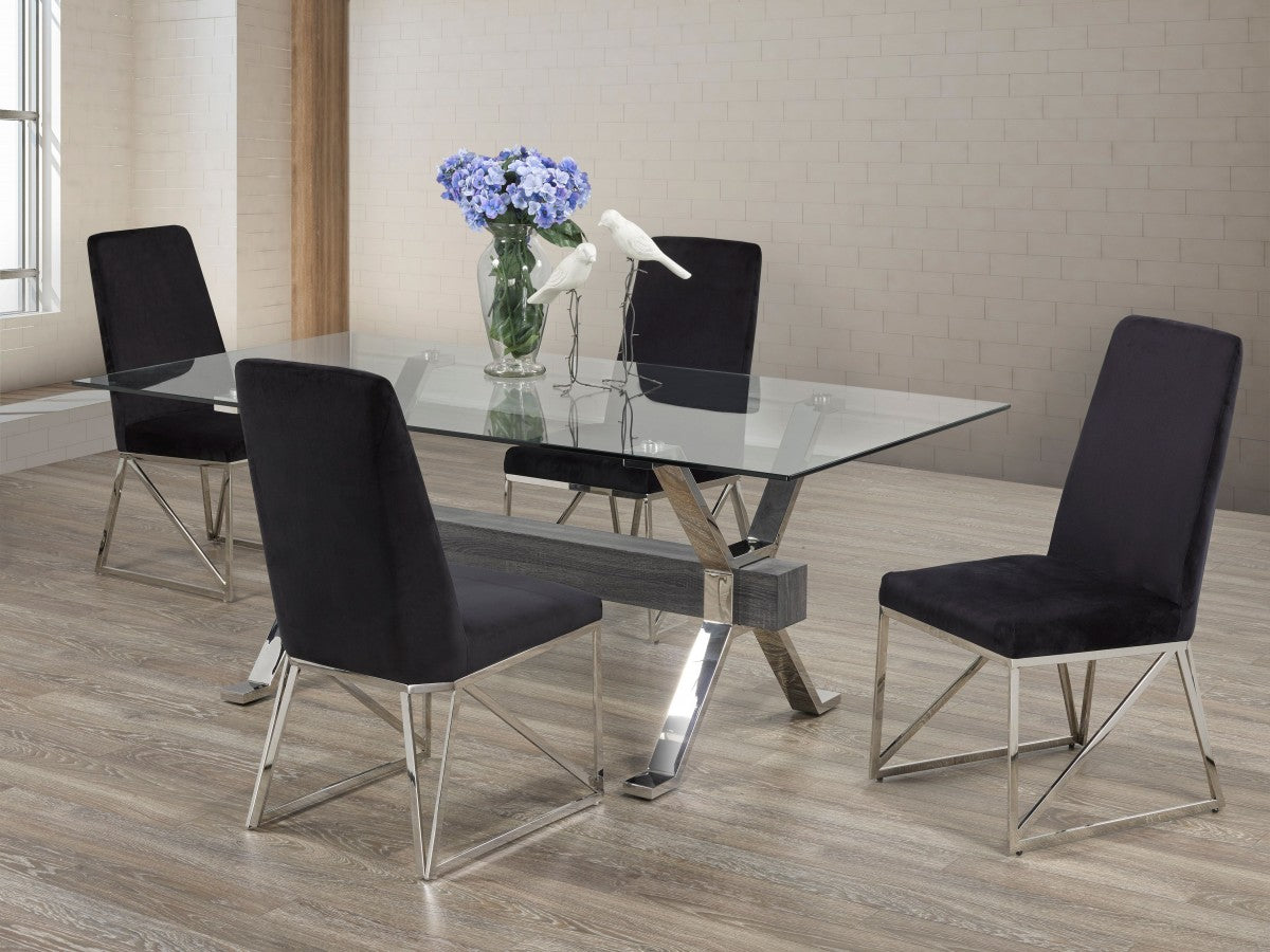 Luca 5-Piece Glass Dining Set – Grey Pedestal Base with Black & Grey Velvet Chairs - Open Box