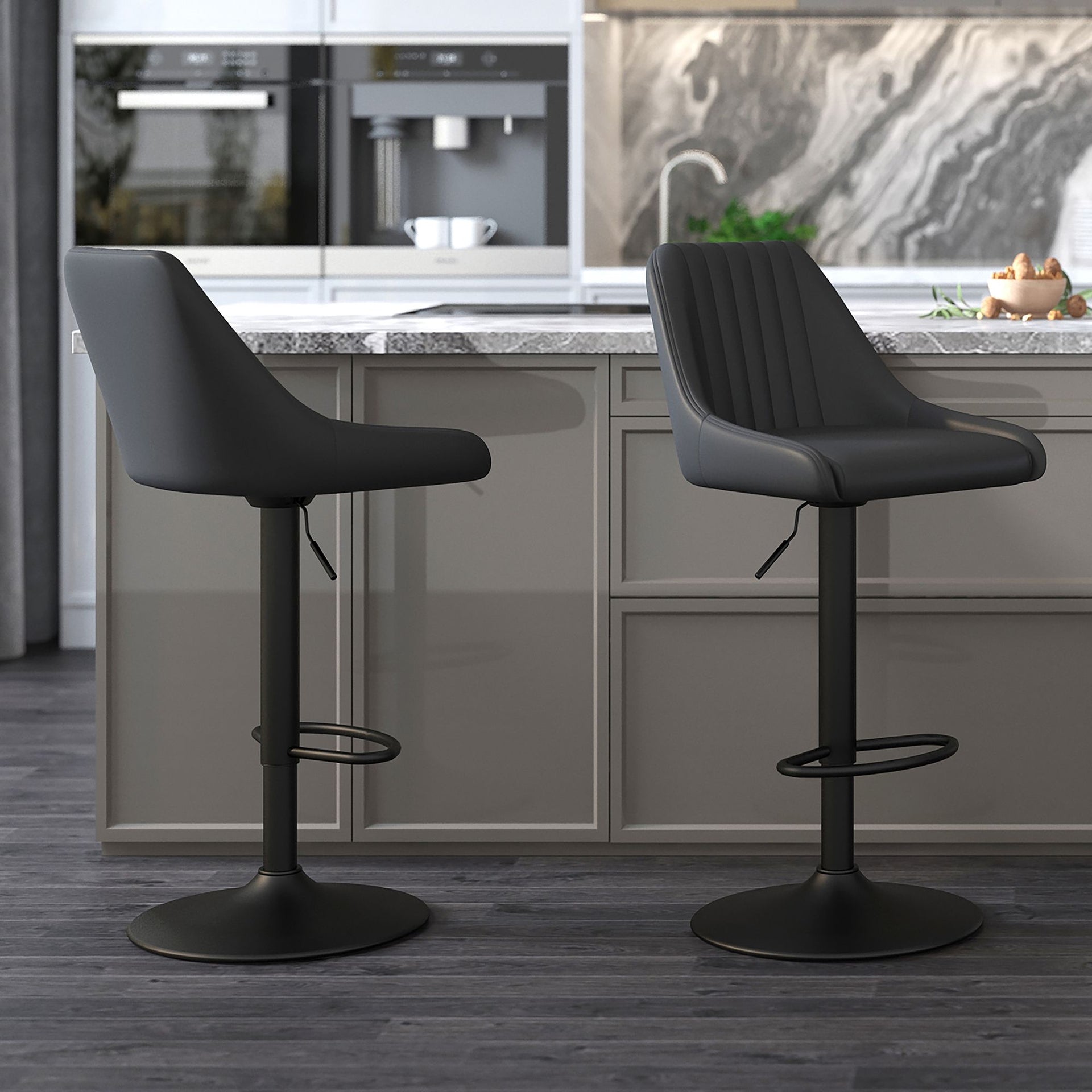 Kron Air-Lift Stool, Faux Leather, Set Of 2, Black