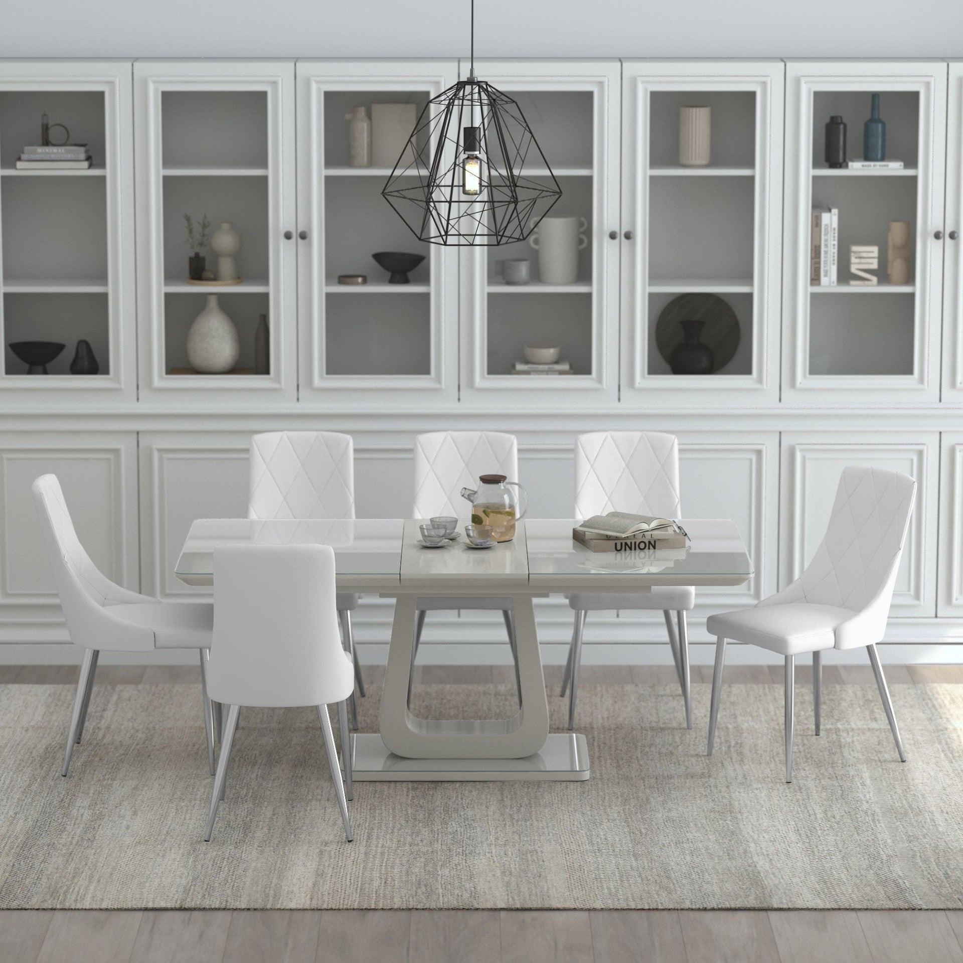 7-Piece Glossy White Modern Dining Set – Extendable Table + Upholstered Chairs