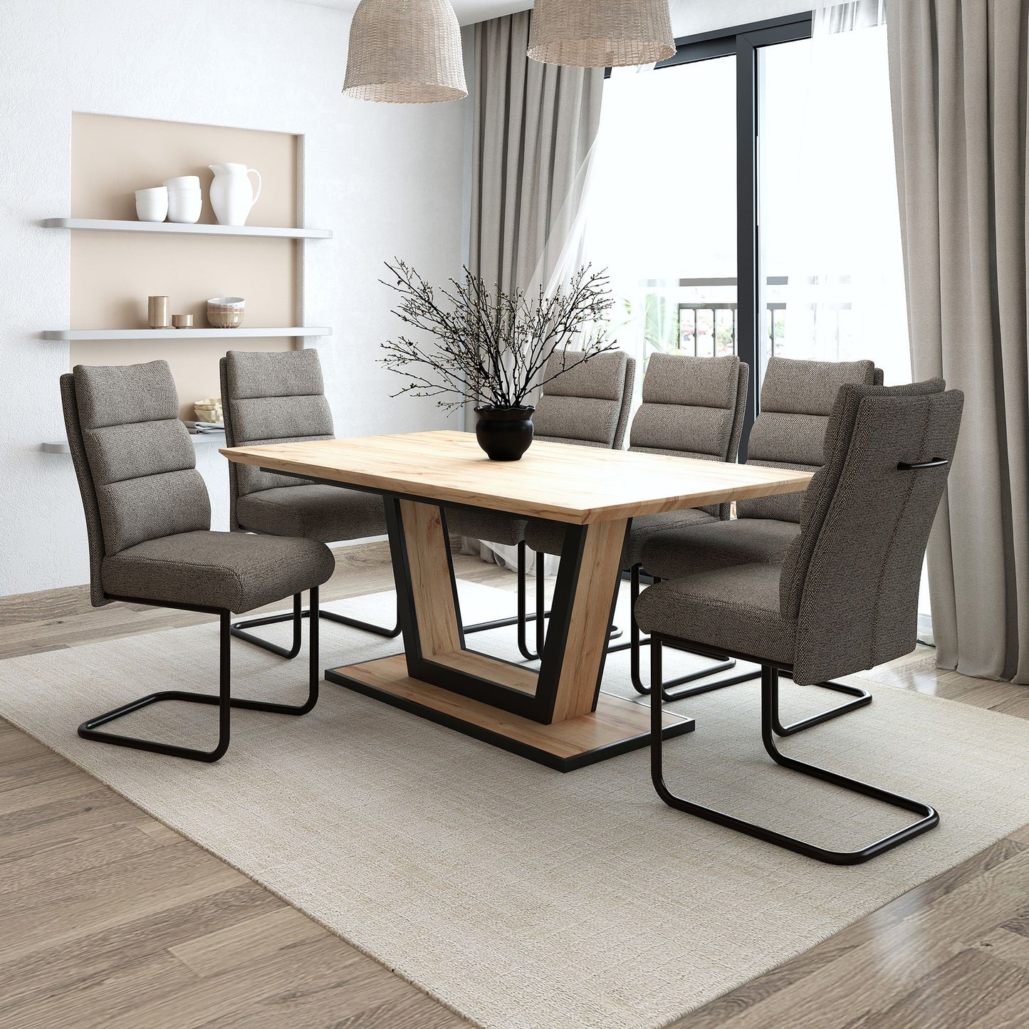 7-Piece Natural Wood Dining Set – V-Leg Table + Cantilever Chairs