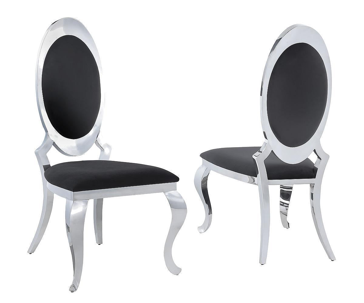 Celeste 5-Piece White Marble & Chrome Dining Set – Round Table with Black Velvet Chairs