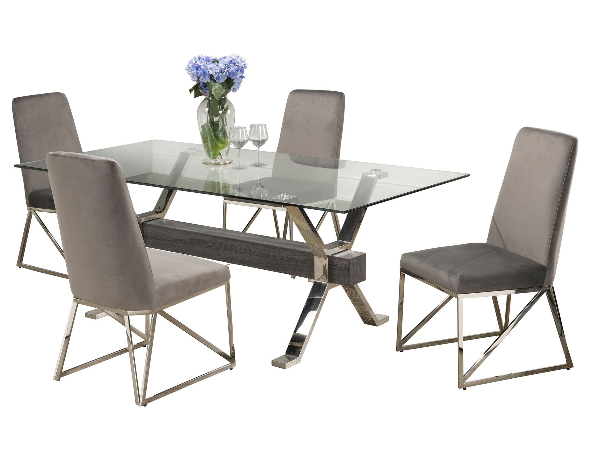Luca 5-Piece Glass Dining Set – Grey Pedestal Base with Black & Grey Velvet Chairs - Open Box
