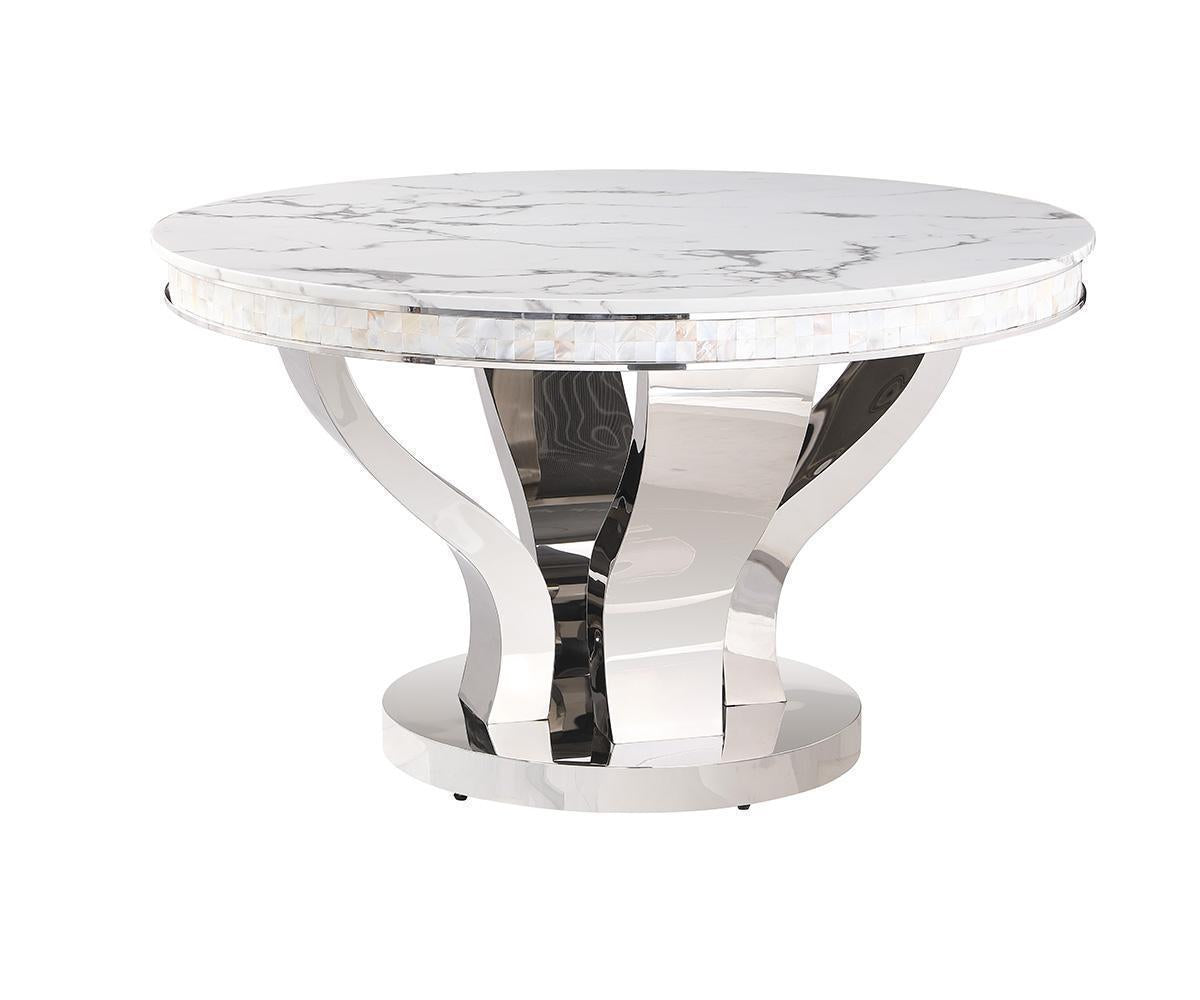 Celeste 5-Piece White Marble & Chrome Dining Set – Round Table with Black Velvet Chairs