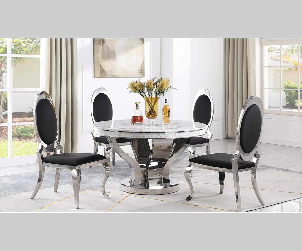 Celeste 5-Piece White Marble & Chrome Dining Set – Round Table with Black Velvet Chairs