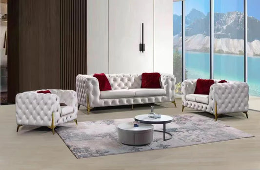 Modern Velvet Chesterfield Living Room Set – Sofa, Loveseat & Chair with Gold Legs