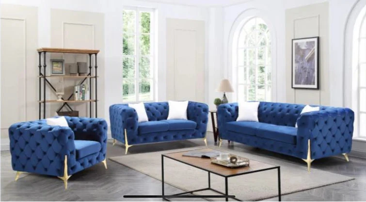 Modern Velvet Chesterfield Living Room Set – Sofa, Loveseat & Chair with Gold Legs