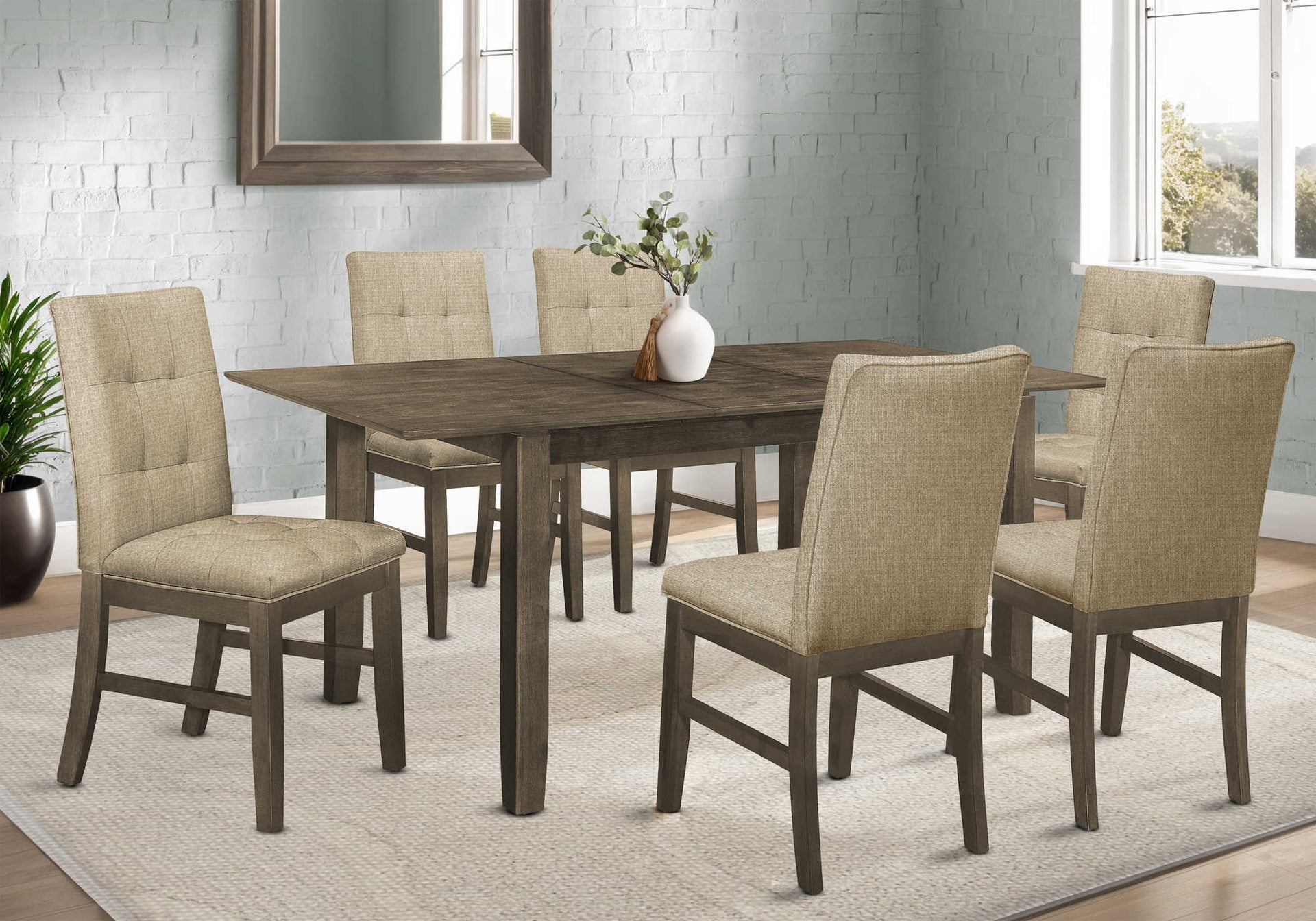 Rustic Taupe 7-Piece Extendable Dining Set with Upholstered Chairs