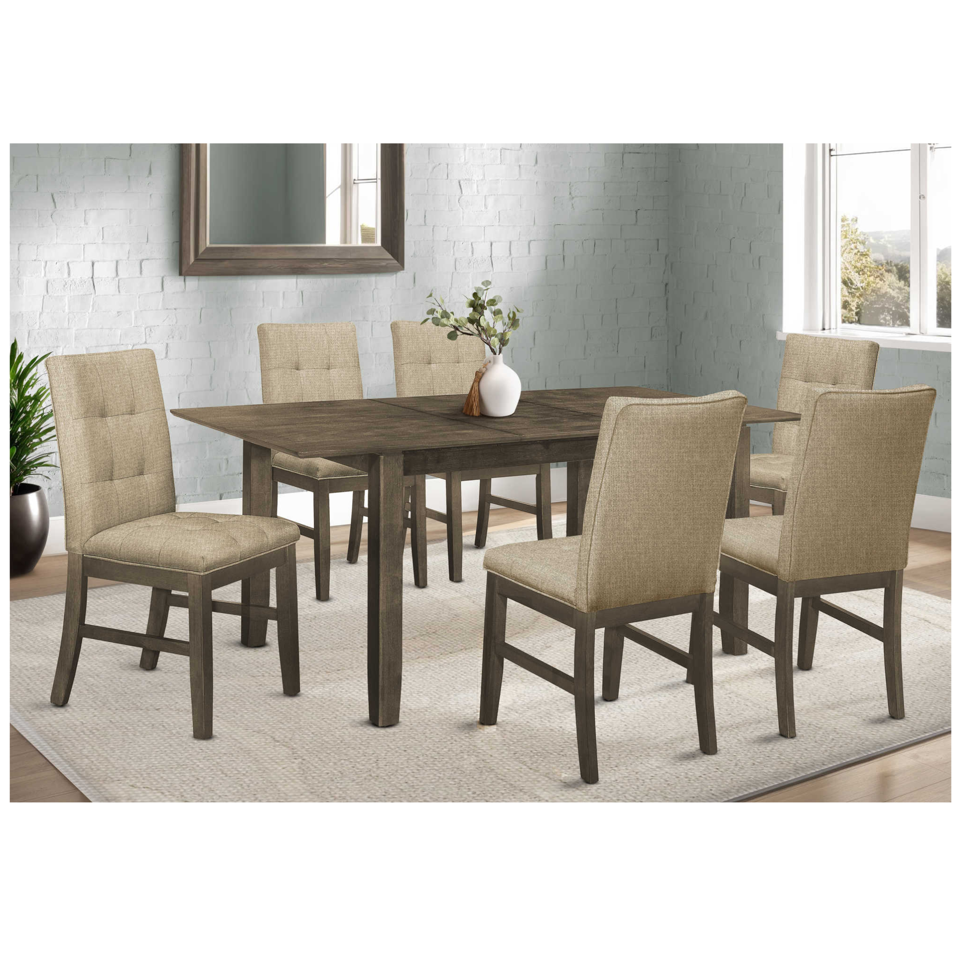 Rustic Taupe Dining Set - 7-Piece Extendable with Upholstered Chairs