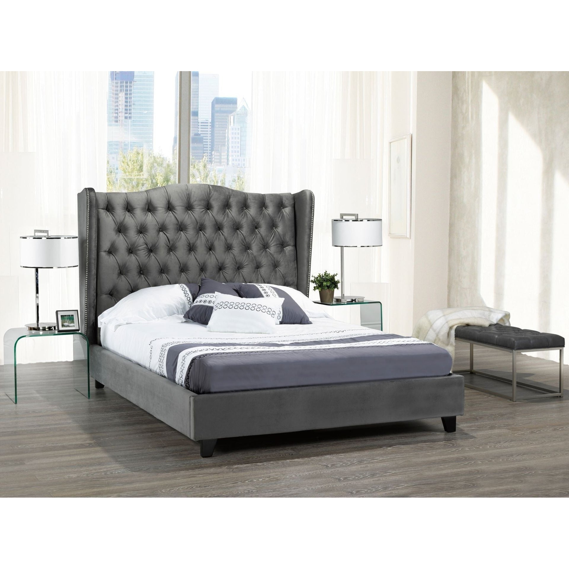 Alexandra King Platform Bed - Grey Velvet