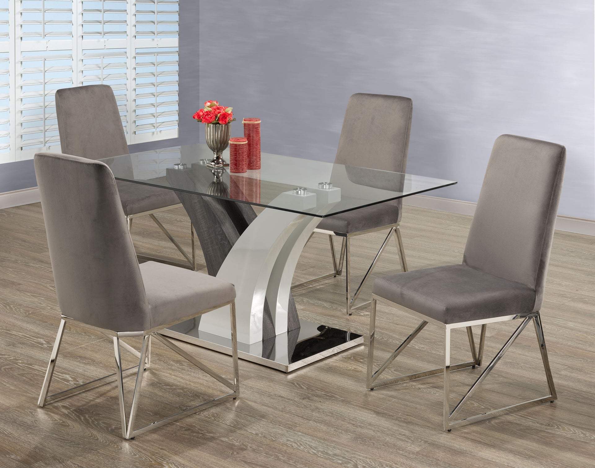 Aurora 5-Piece Glass Dining Set – Chrome Base with Velvet Chairs - Open Box