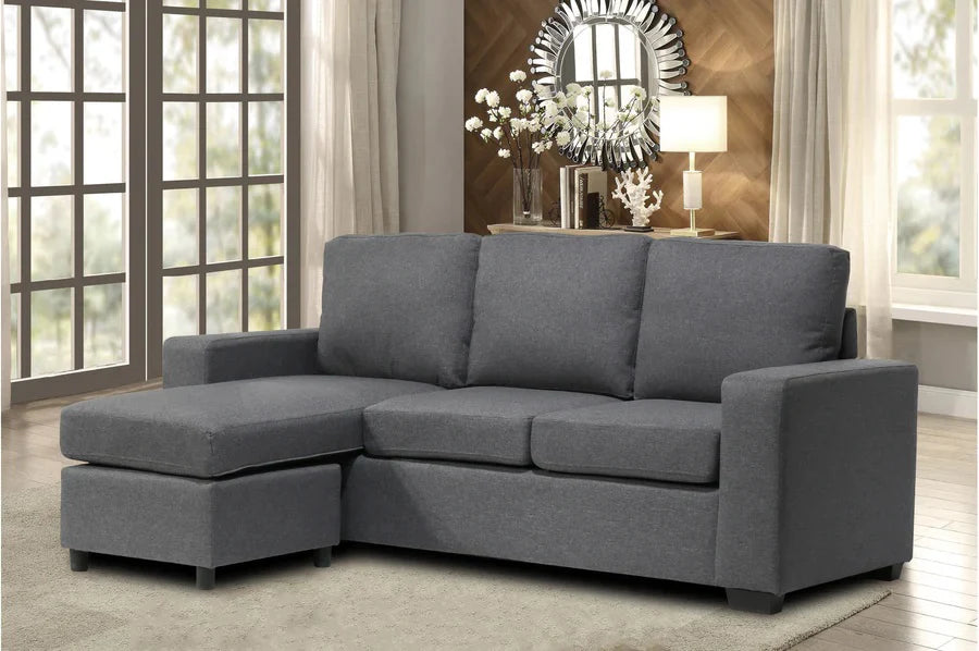 Reversible Sectional Sofa – Grey Fabric with Chaise & 2 Throw Pillows