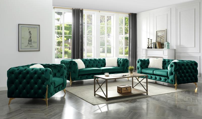 Modern Velvet Chesterfield Living Room Set – Sofa, Loveseat & Chair with Gold Legs